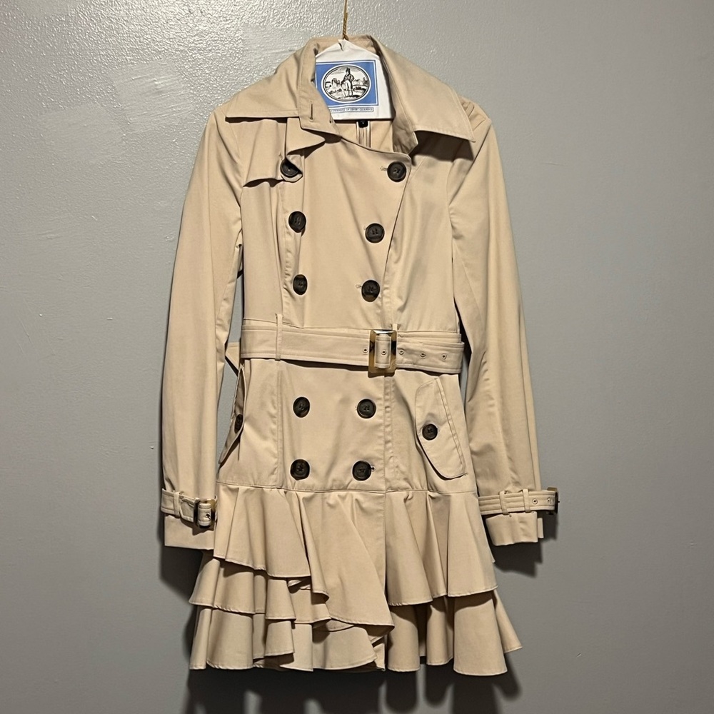 bebe Double-Breasted vintage Beige Trench Coat with Ruffle Detail
